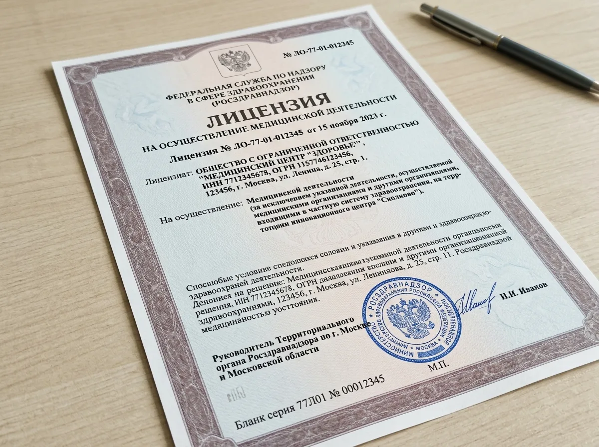 Документ лицензии на осуществление медицинской деятельности Росздравнадзора, официальный бланк с печатью, крупный план